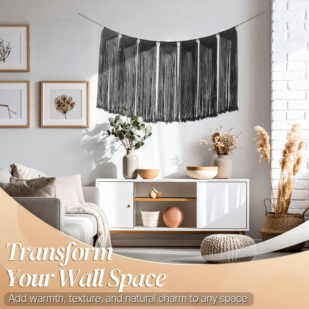 Black Macrame Wall Hanging, 47 x 28 Inch Cotton Boho Tapestry