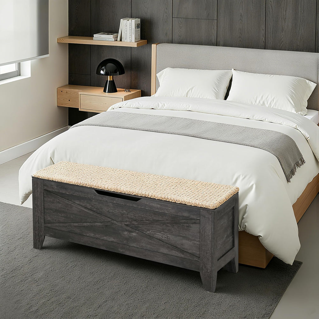 43.3" Storage Bench, Entryway Shoe Ottoman, Farmhouse Style Bench with Handwoven Cushion and Metal Safety Hinges, Gray