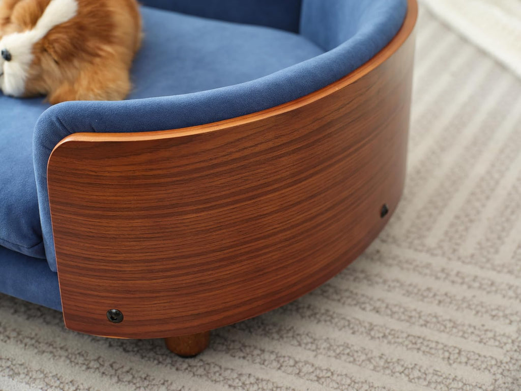 Scandinavian Style Elevated Dog Bed Pet Sofa with Solid Wood Legs and Walnut Bent Wood Back, Dark Blue Velvet, Mid Size
