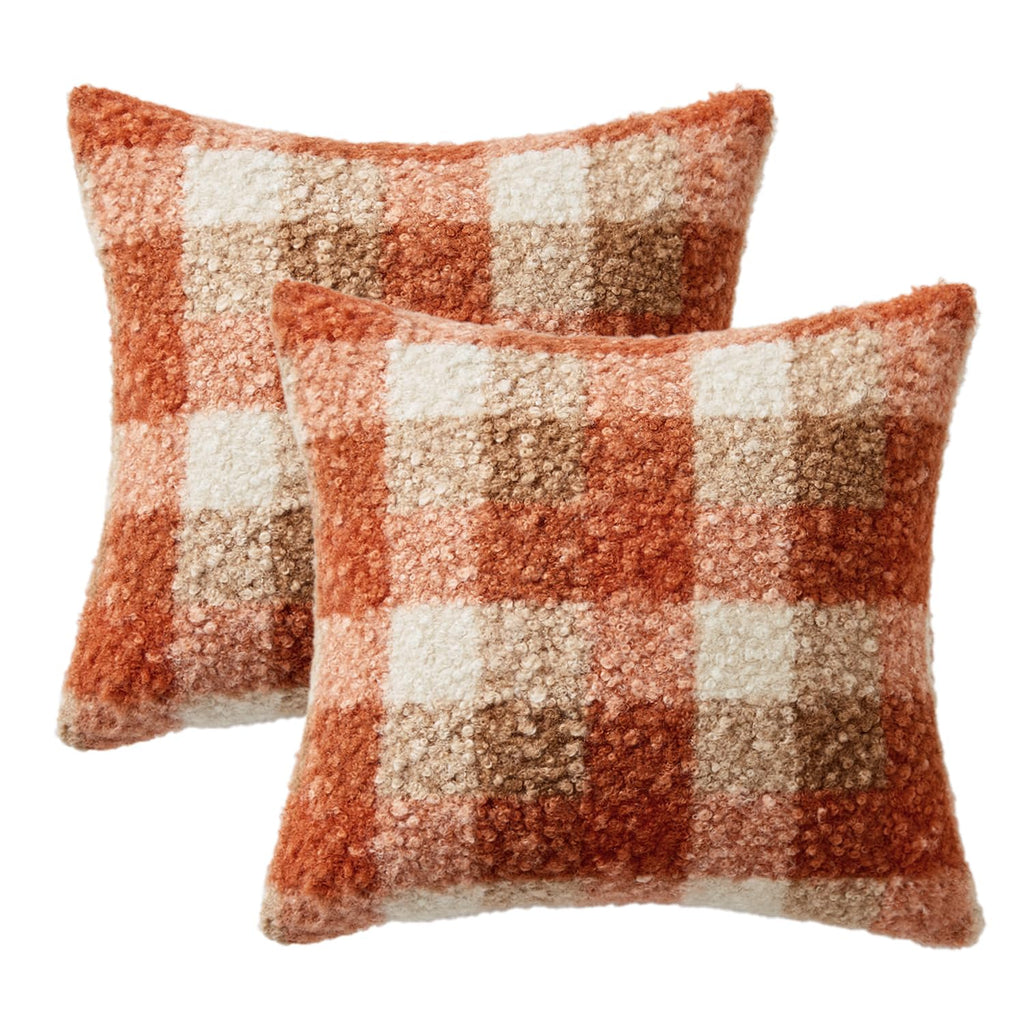 Fall Plaid Pillow Covers Boucle Orange 18x18 Set of 2
