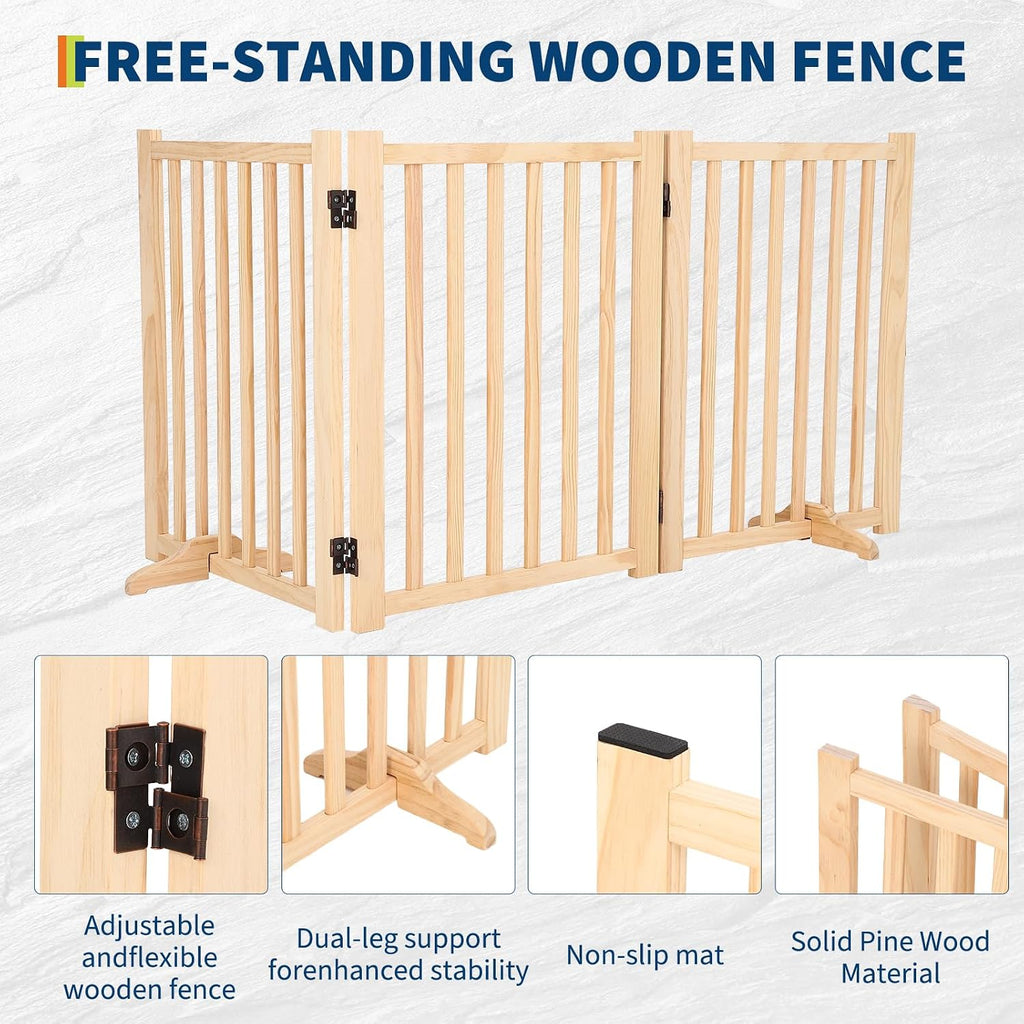 24 Inch Foldable Wooden Dog Gate, Foldable Freestanding Dog Door 3 Panel, White Wooden z Shape Step Over Pet Fence