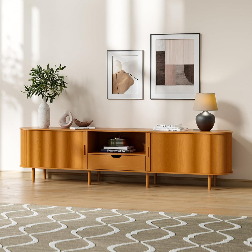 86.6" Fluted TV Stand with Power Outlet for TVs up to 90", TV Console with Adjustable Shelves and Sliding Door,Mid