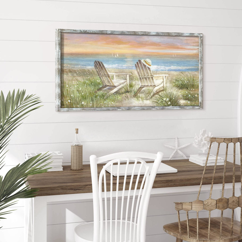 Artwork Walls Beach Chair Artwork Hand Paint Heavy Texture Wood Beach Pictures Coastal Framed Wall Art Seascape