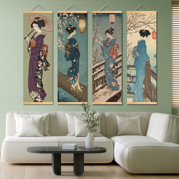 4-Piece Japanese Wall Art, 15.8x47.2in Classic Ukiyo-e Geisha Canvas Set, Vintage Asian Wall Decor Bedroom Office