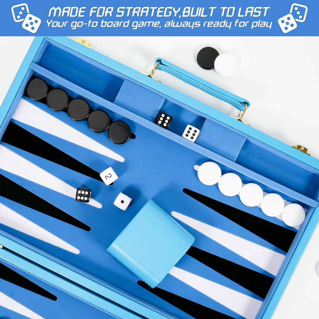 Light Blue 15 Inch Backgammon Sets for Adults, Classic Board Game - Set of 39