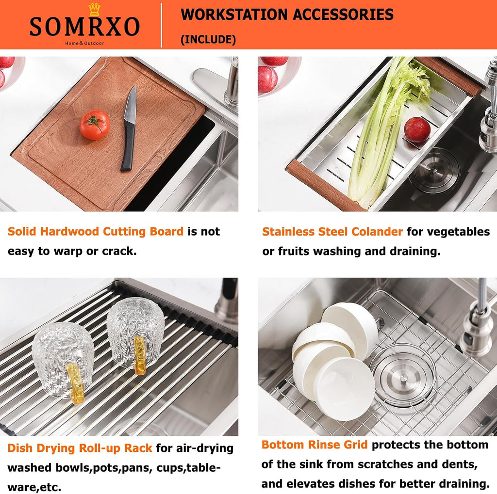 32x19 Inch Undermount Double Bowl Kitchen Sink | Workstation Design,16 Gauge Stainless Steel,10 Inch Deep