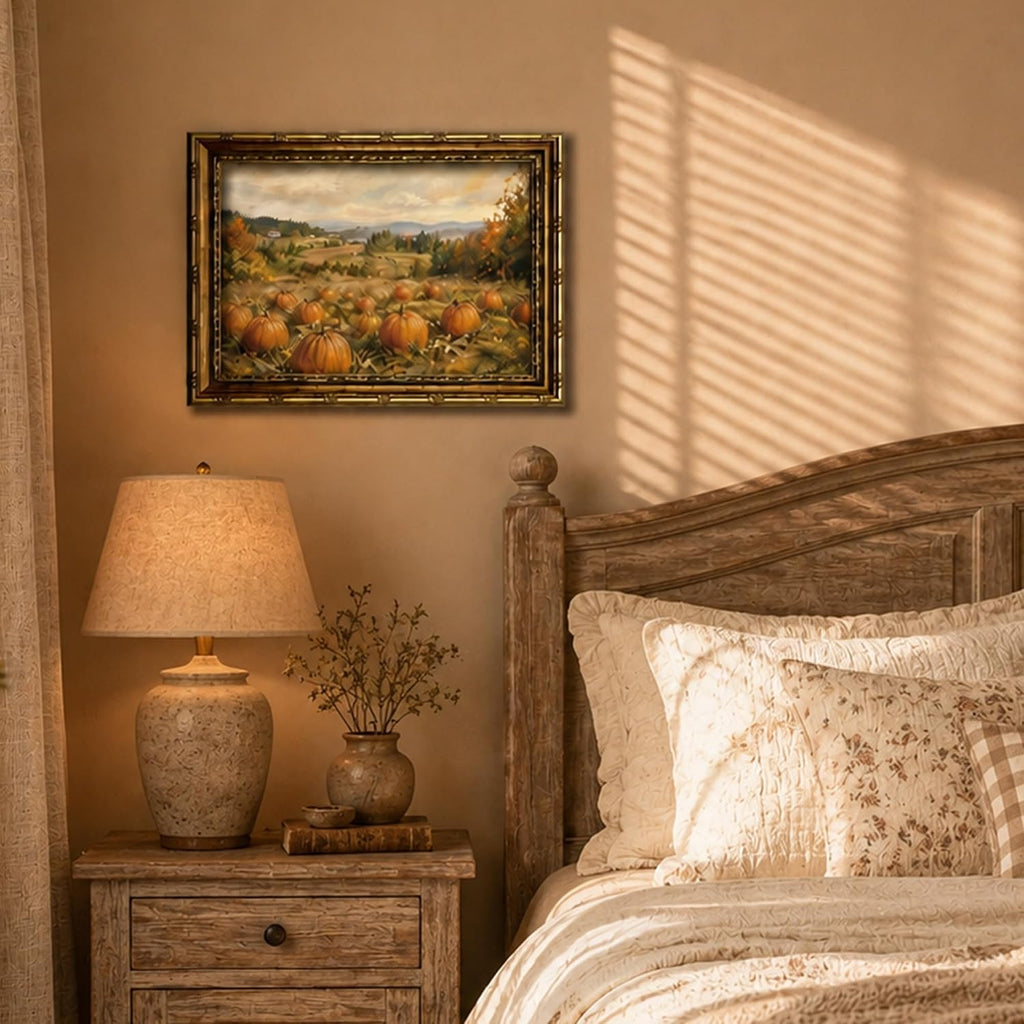 Vintage Autumn Pumpkin Patch Landscape Wall Art Framed Canvas Print with Gold Ornate Vintage Frame, Good Dining Room