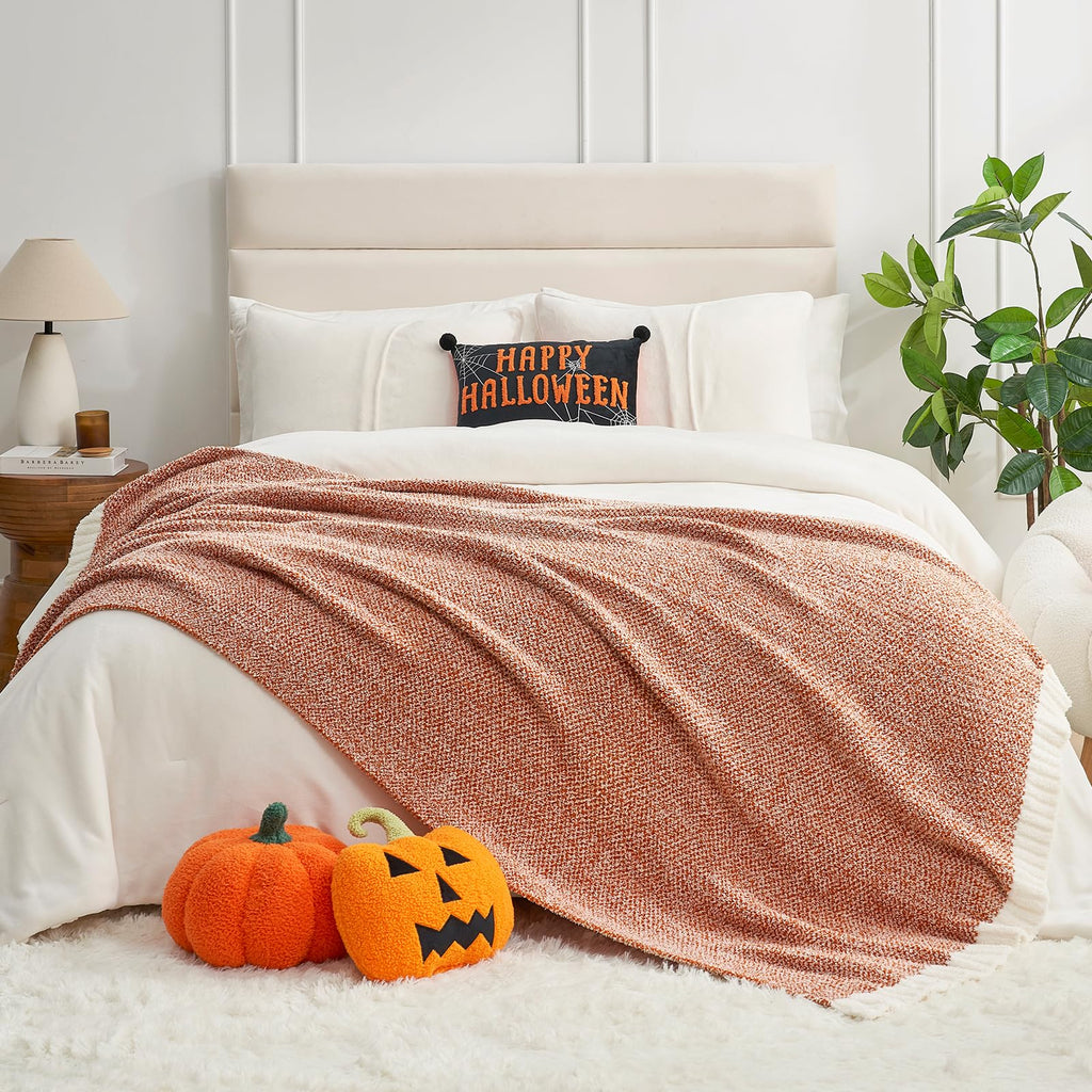Orange Fall Blanket Twin Size, Oversized Soft Warm Cozy Knit Bedding Blanket, Luxurious Microfiber Blankets for Bed