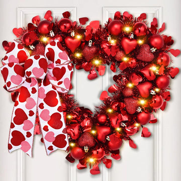 14.2'' Valentines Day Wreath, Heart Wreaths for Front Door, Red Valentine Wreath Decorations with Bowknot Lights
