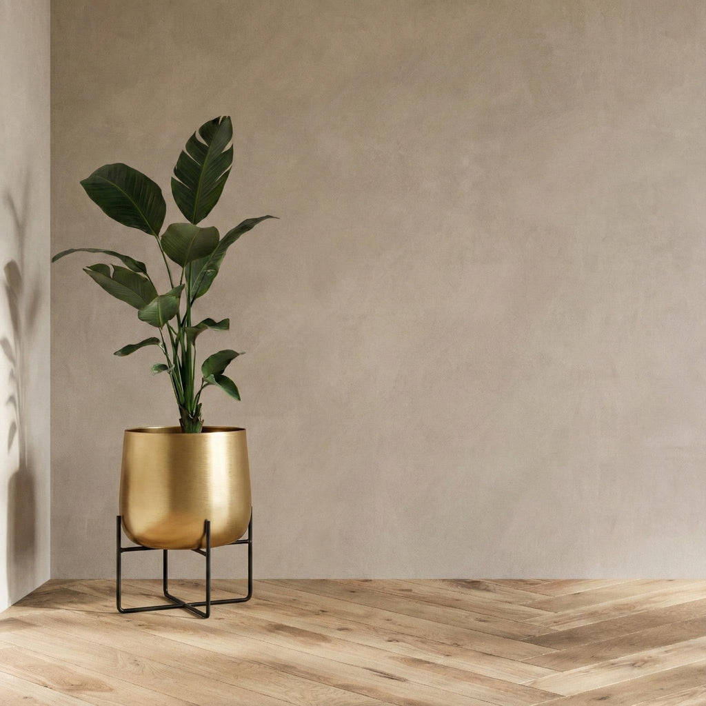 8.5 Inch Gold Metal Plant Stand with Pot - Indoor Planter, Large Flower Pot