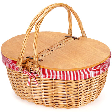 Wicker Picnic Basket with Liner, Wooden Split Lid Picnic Basket, Red