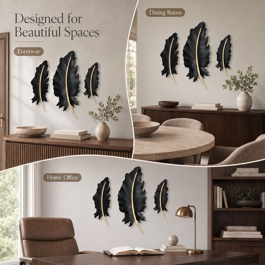 3-Piece 3D Metal Feather Wall Decor Set, Black & Gold