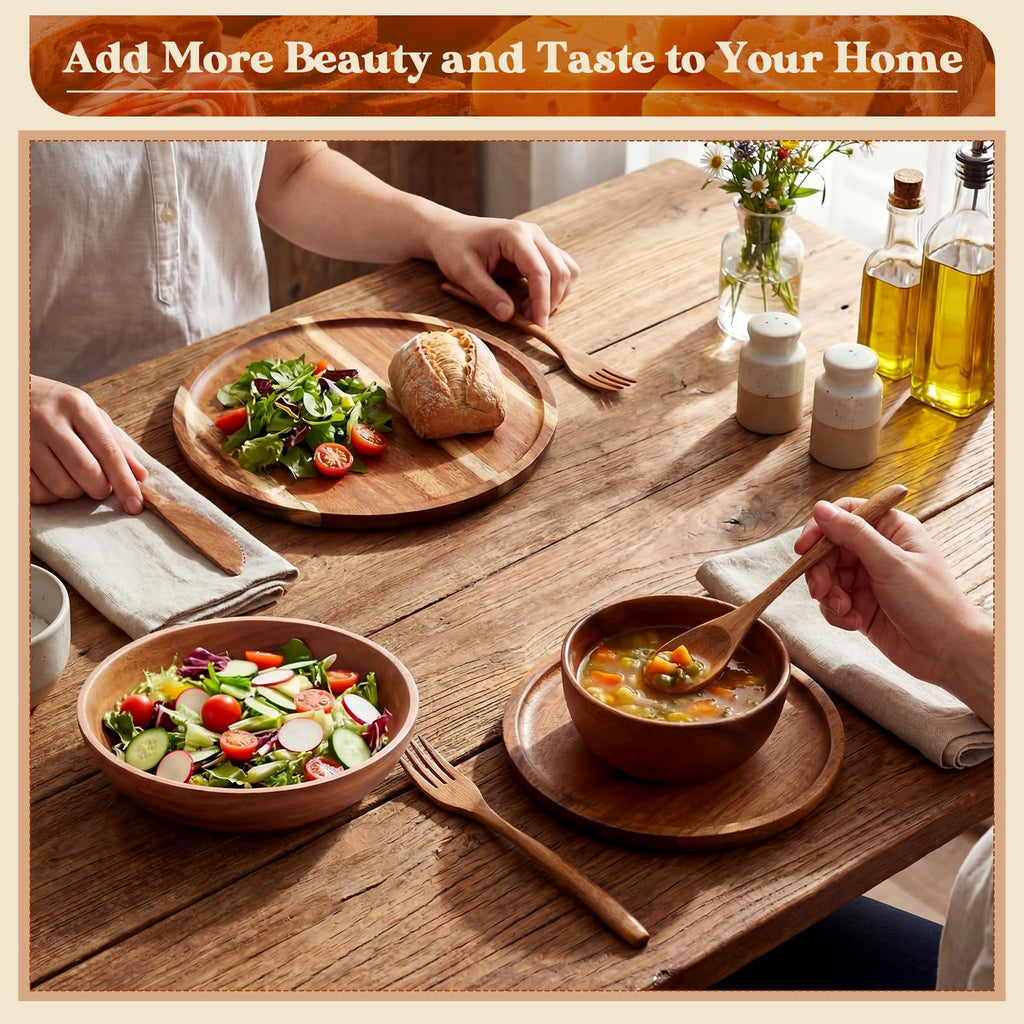 28 Pcs Acacia Wood Dinnerware Set, Wooden Plates and Bowls Set