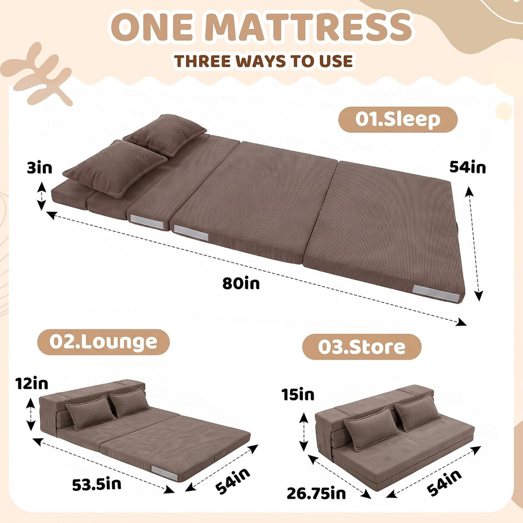 Tri-Fold Futon Mattress, Foldable Japanese Floor Sleep Mattress, High-Density Foam Tatami Bed Mat with Corduroy
