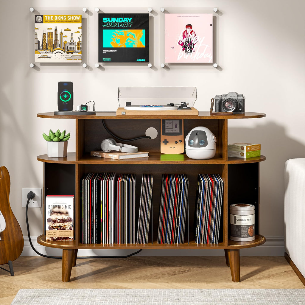 Large Round Record Player Stand with Charging Station & USB Ports (Brown)