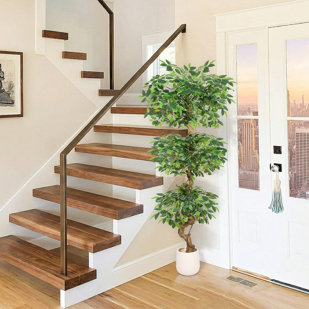 6FT Artificial Ficus Tree,Large Fake Tree with White Planter, Tall Faux Ficus Tree with Lifelike Leaves and Realistic