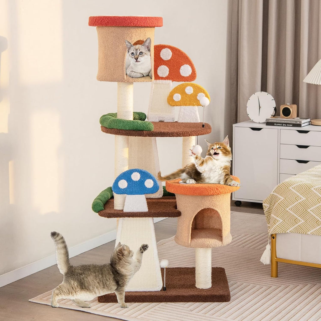Mushroom Cat Tree, Multi-Level Cute Cat Tower with Full-Wrapped Sisal Posts, Scratching Boards & Interactive Balls, 2