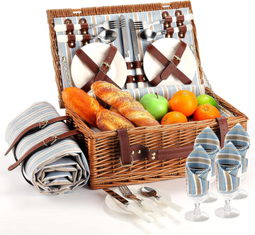 Wicker Picnic Basket for 4 with Waterproof Blanket Blue Stripes
