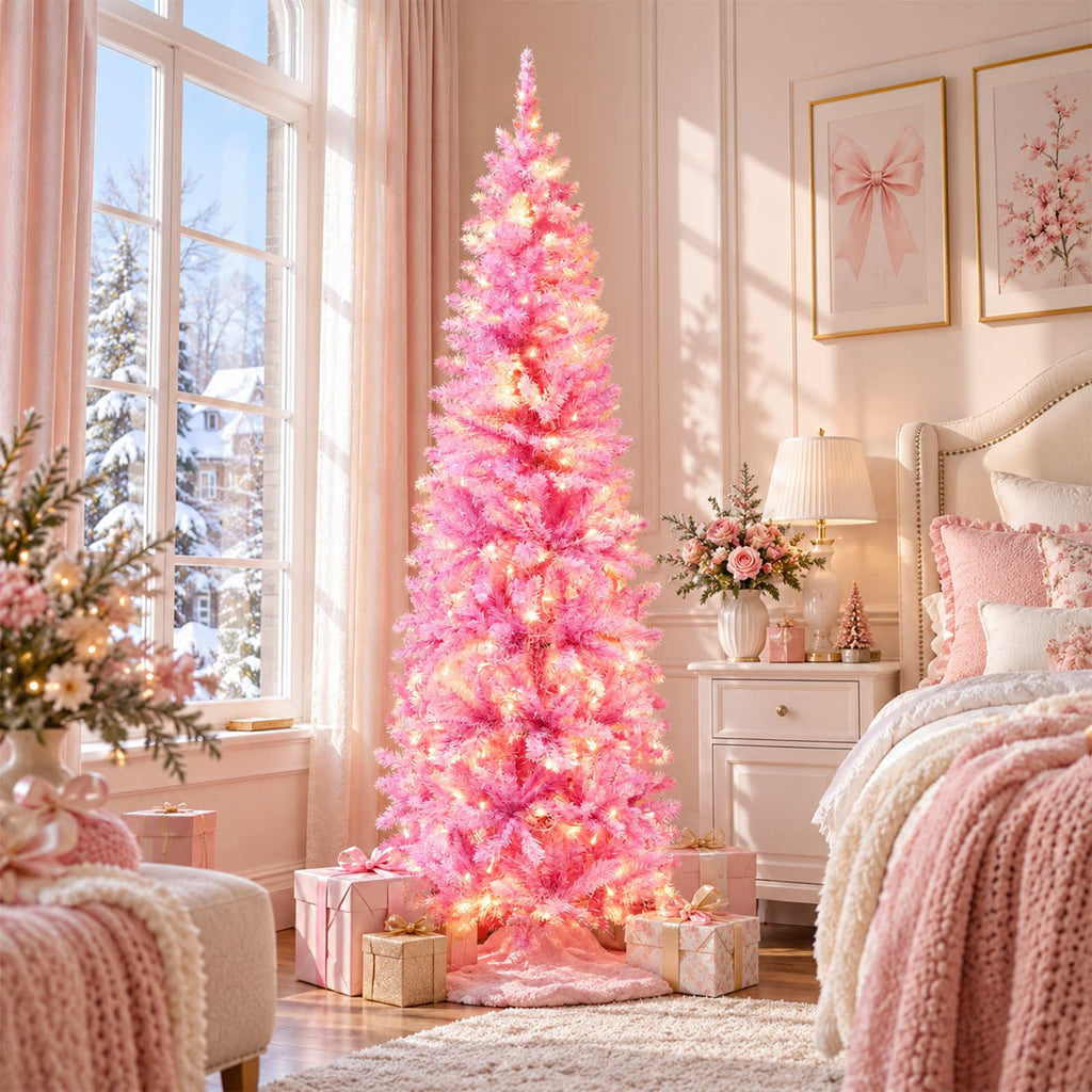 6Ft Prelit Artificial Slim Pink Christmas Tree, 240 LED Warm Lights