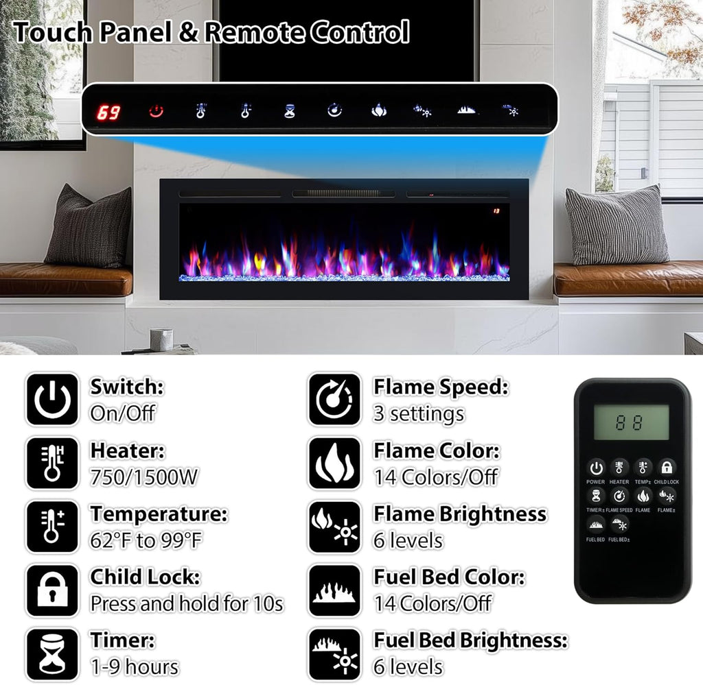 48" Electric Fireplace, Recessed, Wall Mounted and Freestanding Fireplace Heater, Adjustable Flame Color
