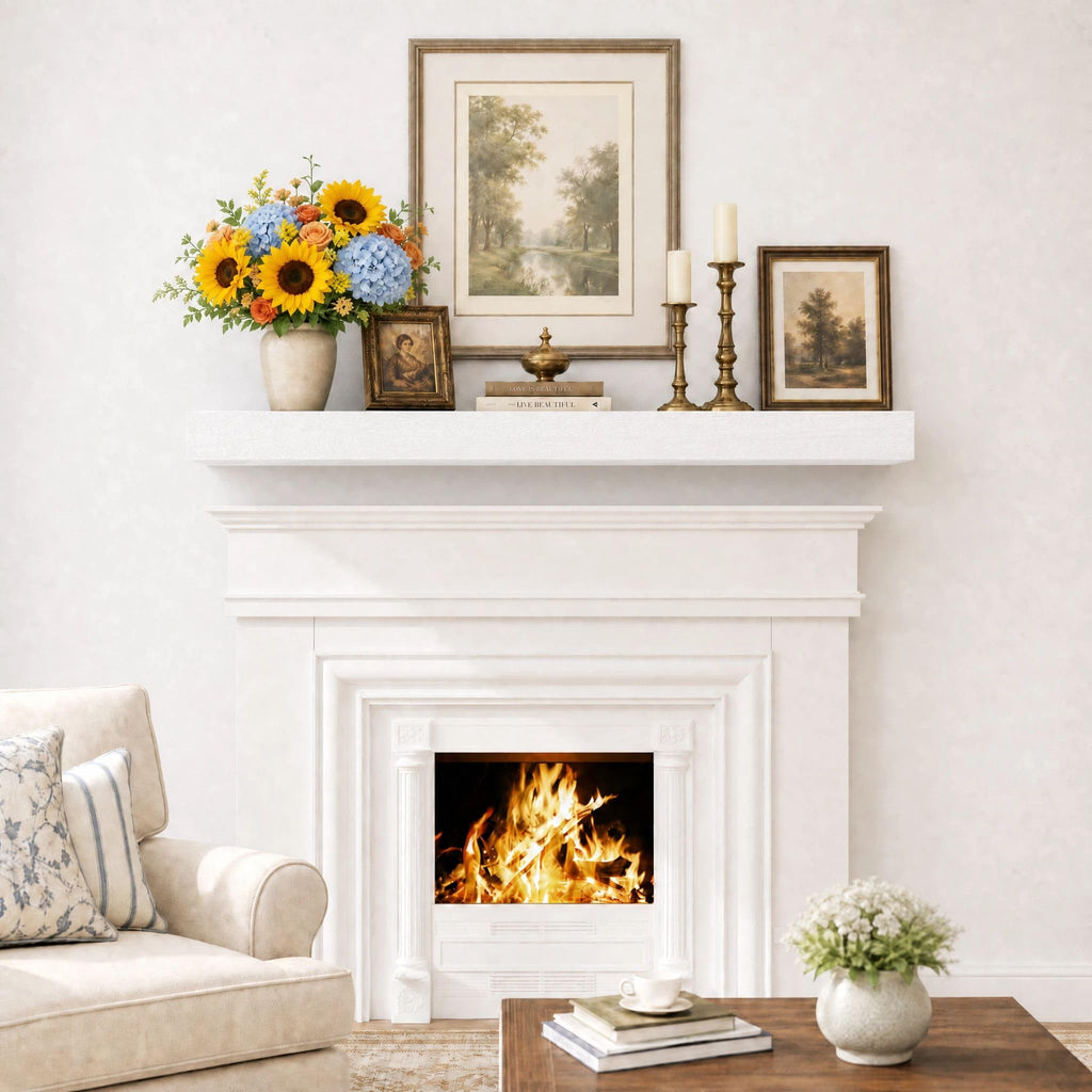 Fireplace Mantel Shelves 55 Inch Solid Wood Wall Mounted Long Floating Shelf Hollow, White