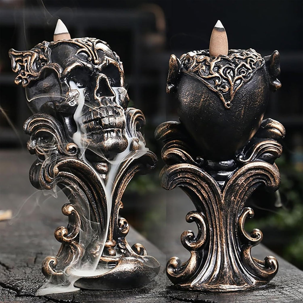 Backflow Incense Holder Burner Resin Skull Waterfall Metallic Gold - Set of 43