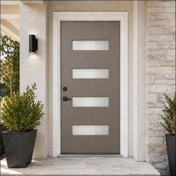 36 x 80 Garret Gray Fiberglass Front Entry Door, Woodgrain Texture, 4-Lite Frosted Low-E Glass, 4-9/16" Vinyl Frame &