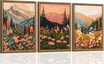 Framed Boho Abstract Landscape Mountain and Floral Canvas Wall Art Set of 3, Colorful Nature Botanical Paintings