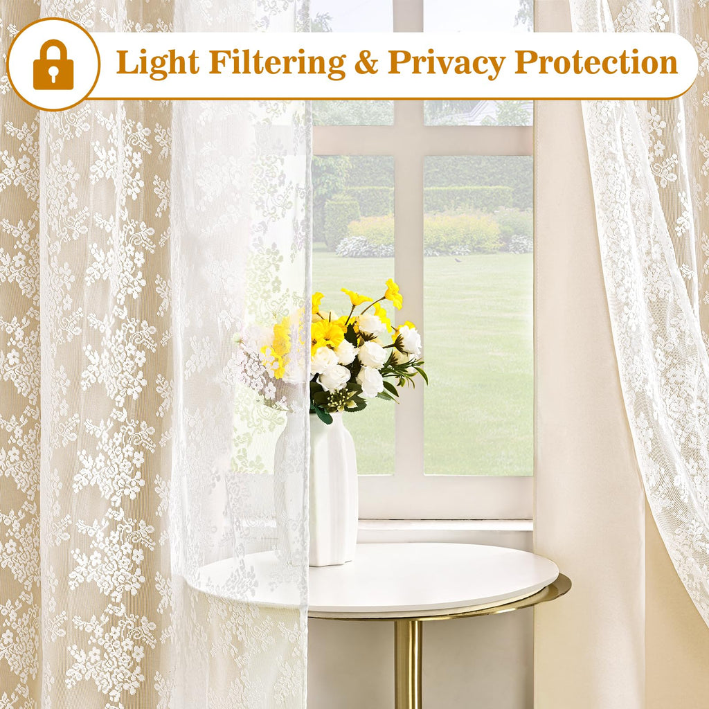 Beige Kitchen Curtains 36 Inch Length Double Layer Blackout Cafe Curtains with Floral Sheer Overlay Rod Pocket Short