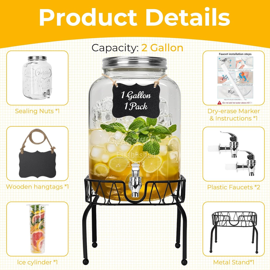 2 Gallon , 1 Pack Clear Beverage Dispenser for Party, BBQ and Picnic, Juice Dispenser with Ice Core, Black Stand