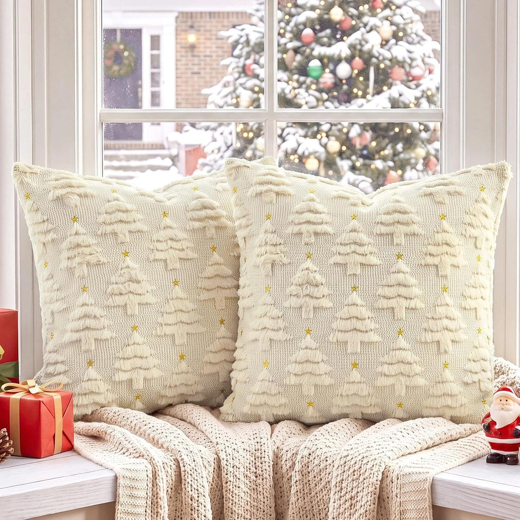 Christmas Pillow Covers 18x18, Beige Xmas Home Decor - Set of 2