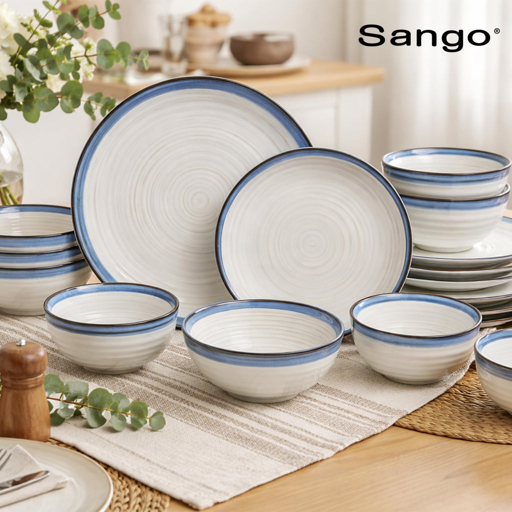 Siterra Santorini 16-Piece Stoneware Dinnerware Set for 4, Ceramic White Plates and Bowls Sets with Blue Rim &