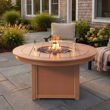 47" Modern Outdoor 55, 000 BTU Patio Backyard Round Propane Fire Pit Table (Rocks Not Included), Teak