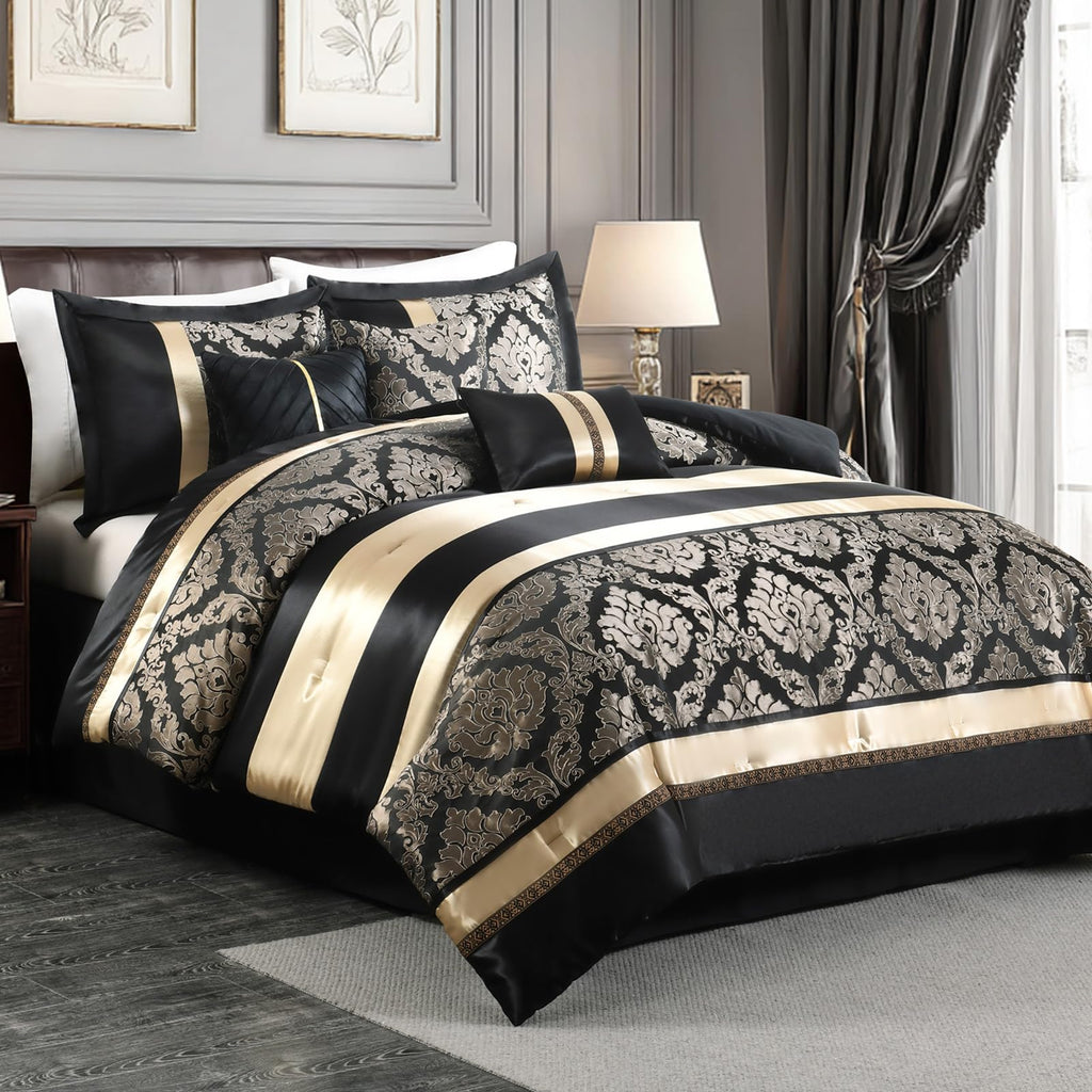 Black Gold Comforter Set, 7 Piece Luxury Damask Bed in a Bag