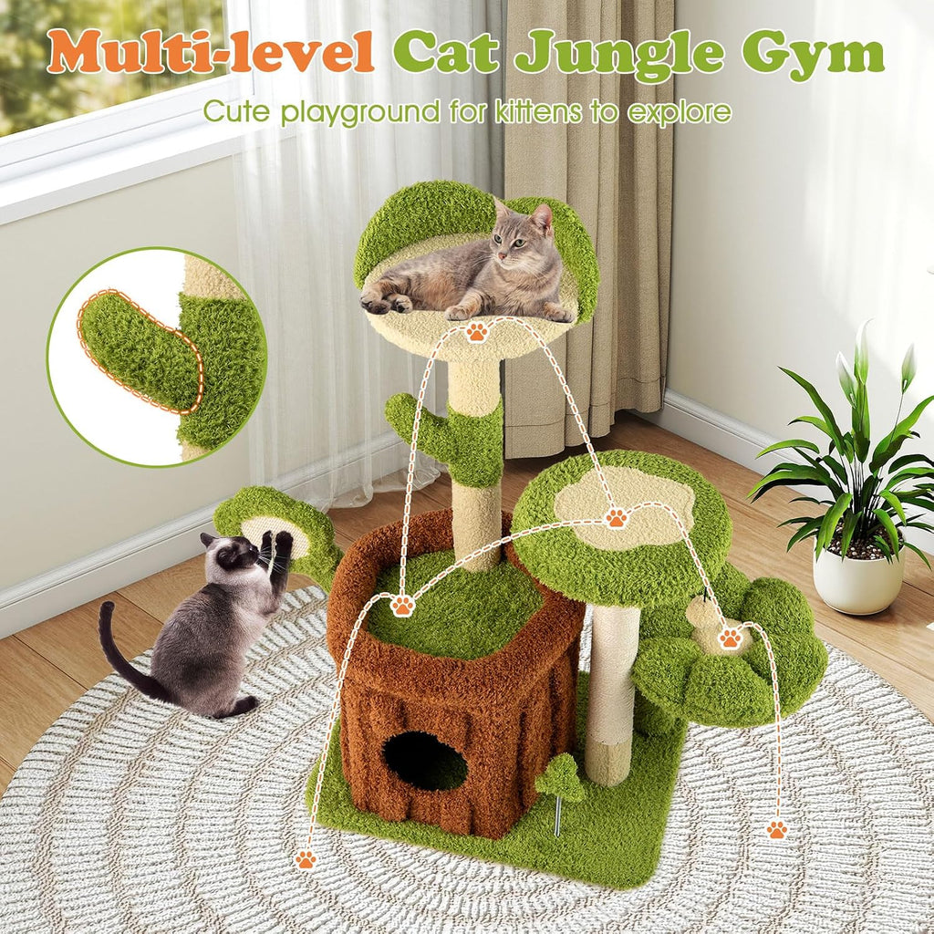 Cute Cat Tree Green Forest, 36 Inch Aesthetic Cat Tower with Sisal Scratching Posts & Board, Trunk Condo, Flower