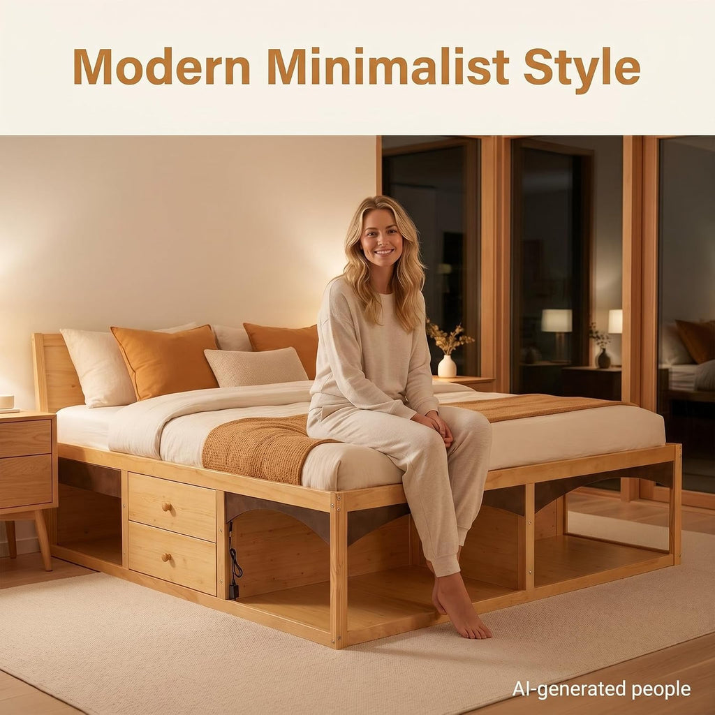 22" H Japanese Wood Bed Frame with Storage Drawers