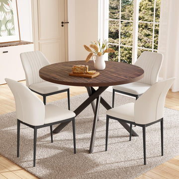 45.3'' Walnut Round Dining Table Set for 4, Mid Century Modern Small Coffee Set Kitchen Apartment (Dark Walnut Table