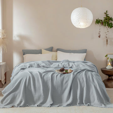 Muslin Fringe Throw Blanket 100% Cotton 4-Layer Airy Gauze