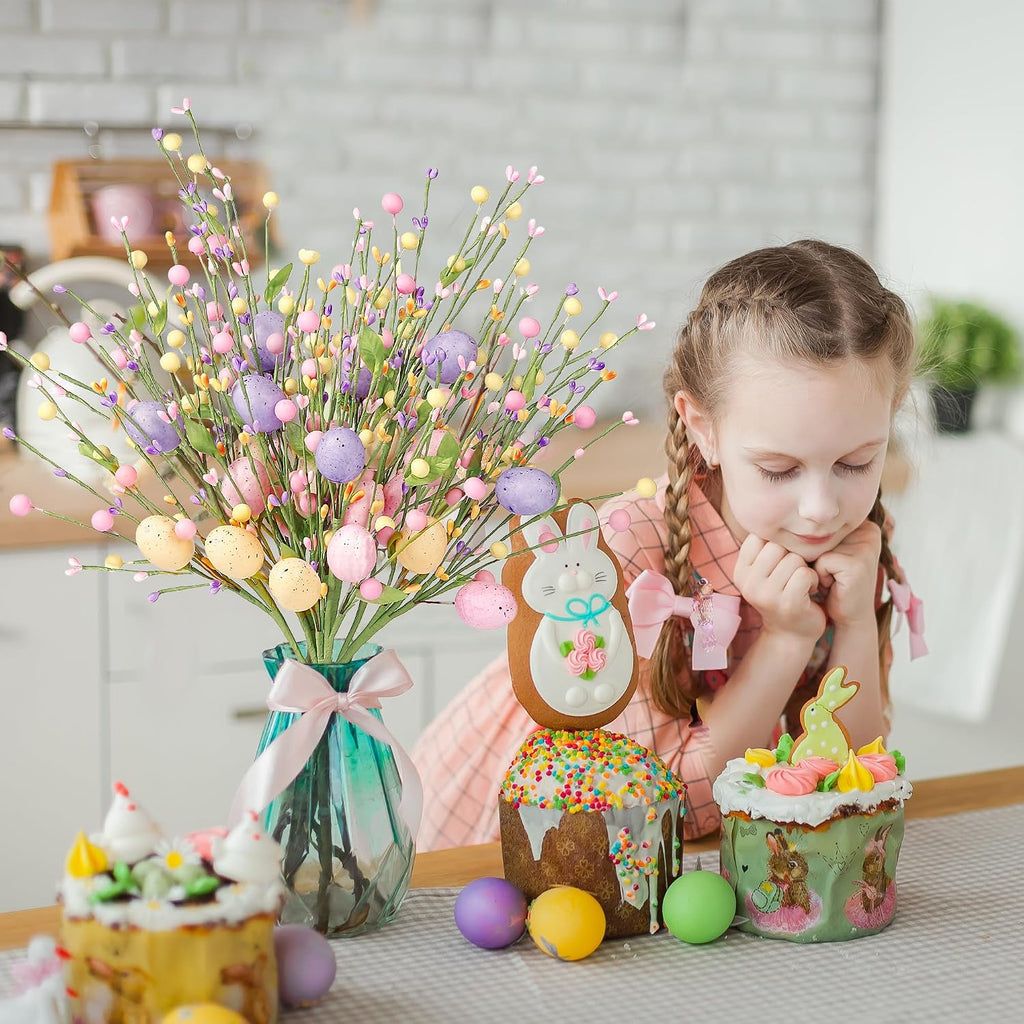 Artificial Easter Stems Spring Berry Picks with Eggs Colorful Berries Leaves Twig Branches Sprays for Easter - Set of 6