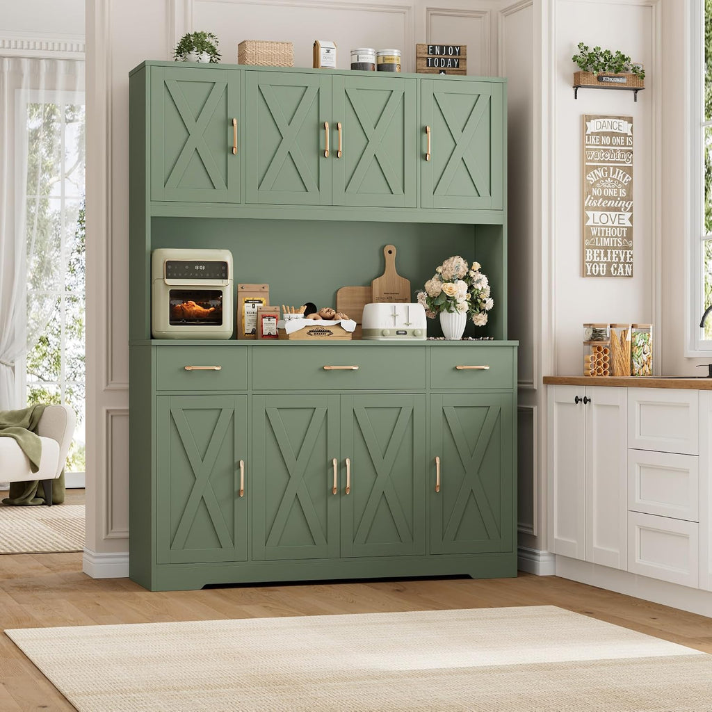 71" Tall Kitchen Pantry Storage Cabinet, 55" W Kitchen Hutch, Green | Large Pantry Cabinet with Charging Station /