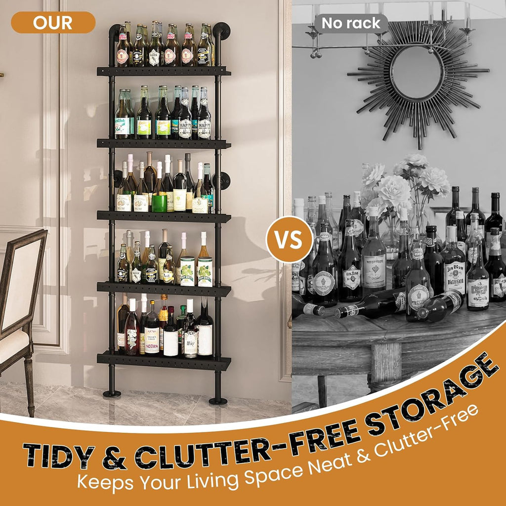 5-Tier Industrial Bar Shelves Wall Mounted, 78" Tall Pipe Wine Rack with Anti-Fall Guards, Wall Mounted Bar Shelves