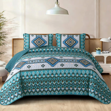Boho Quilt Set, 3 Pcs Teal Aztec Lightweight Bedspread