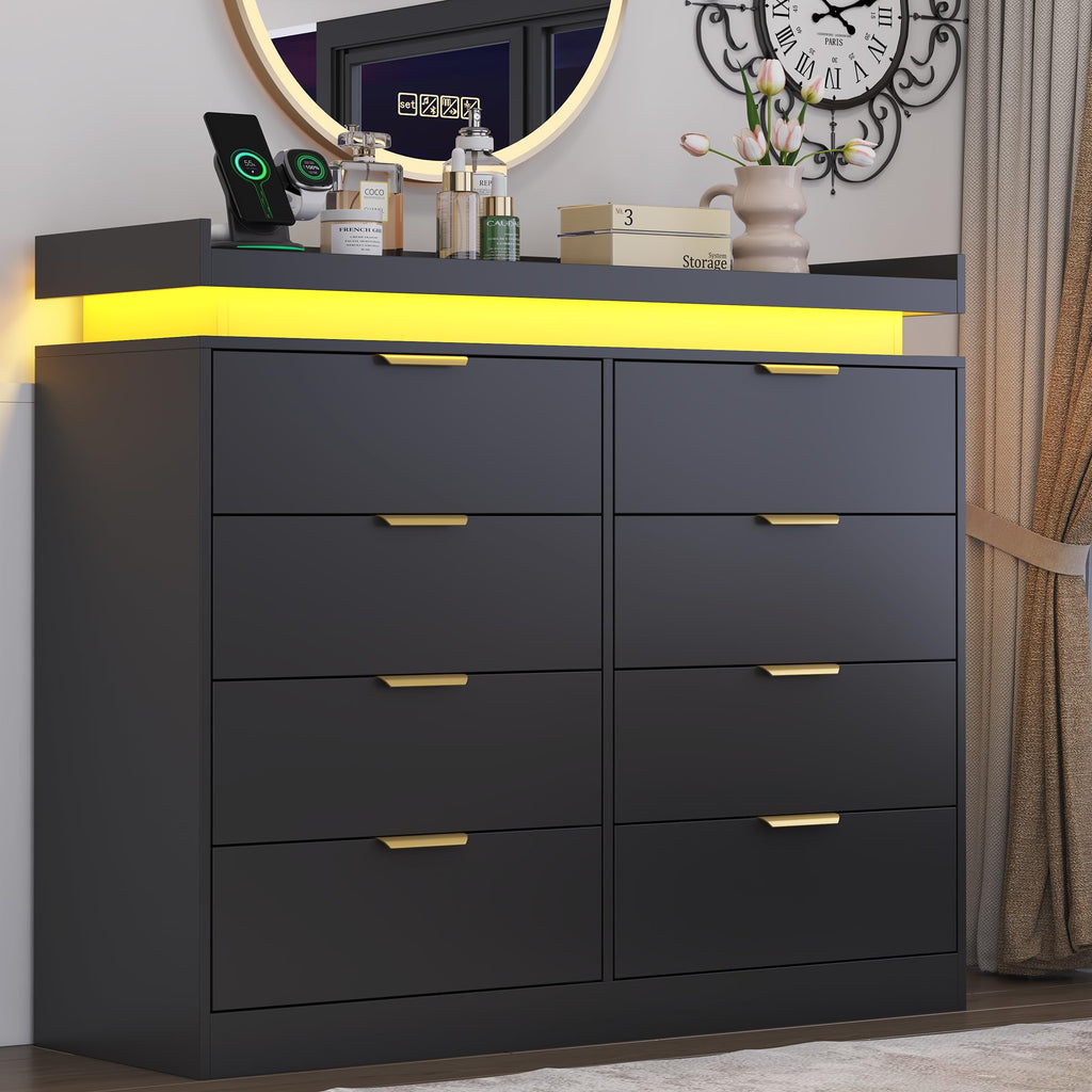 8 Drawer Dresser, Black Dresser with LED Lights and Power Outlet, Wooden Dressers Chests of Drawers, Double Wide