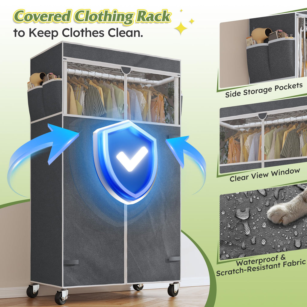 Rolling Clothes Rack with Cover, Heavy Duty Clothing Rack with Wheels, 120+ Garments Storage, Freestanding Portable