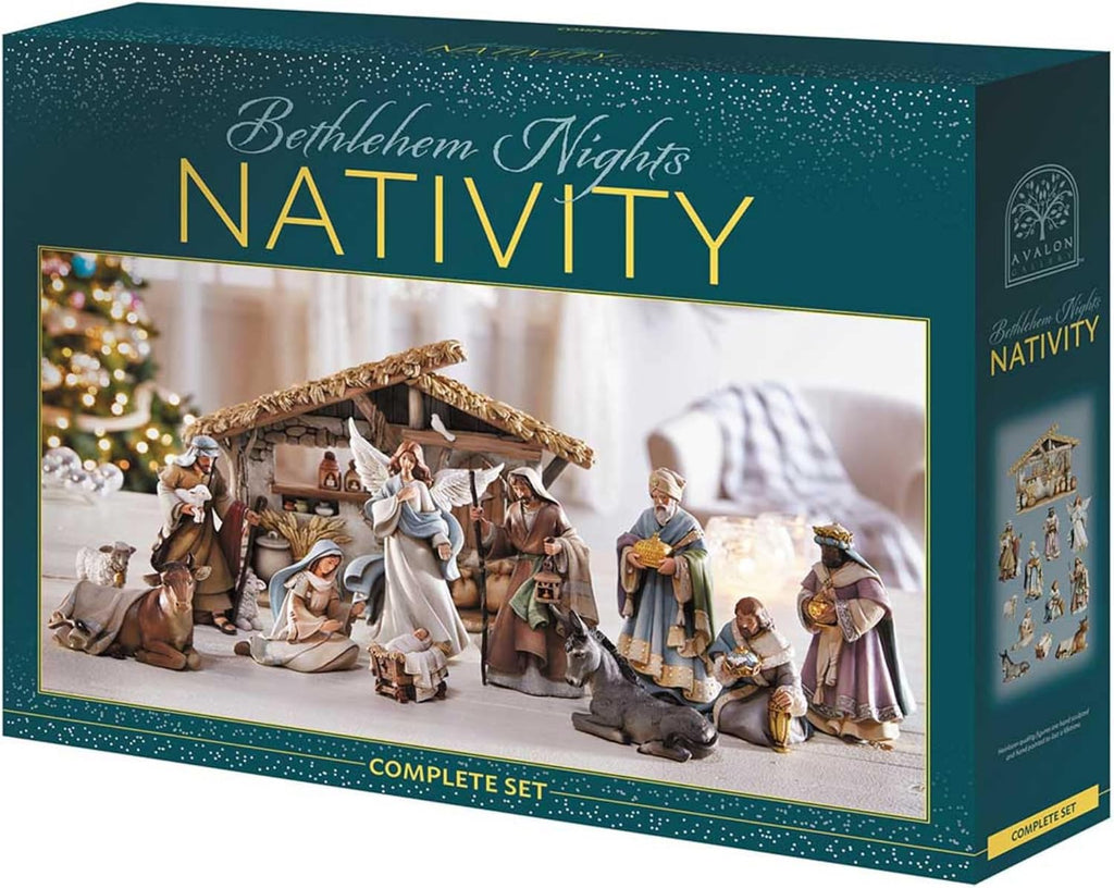 Bethlehem Nights Christmas Nativity Scene Figurines with Creche, 12 Piece Set