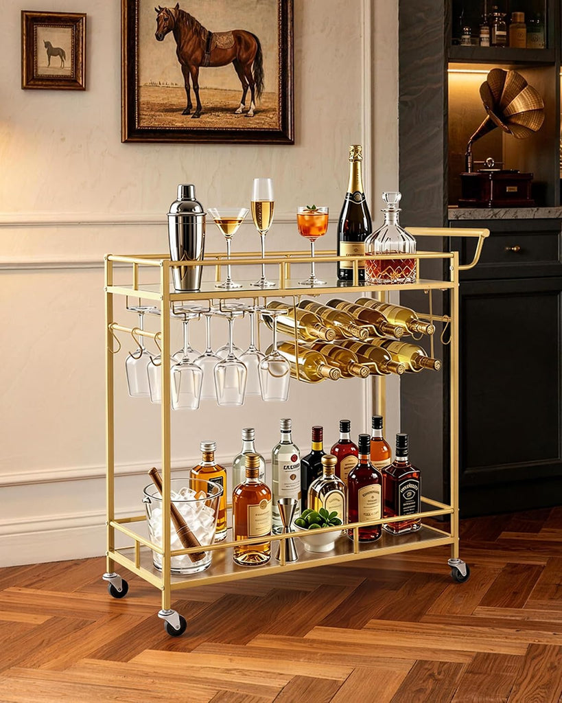Bar Cart, 2 Tiers Home Kitchen Serving Carts, Modern Rolling Utility Station on Wheels, Drink Beverage Trolley with