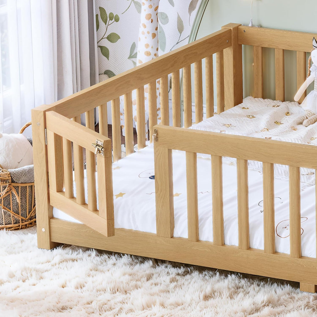 Queen Size Montessori Floor Bed Frame with Slats and Fence for Kids,Natural | Solid Wood,Full Surround Safety