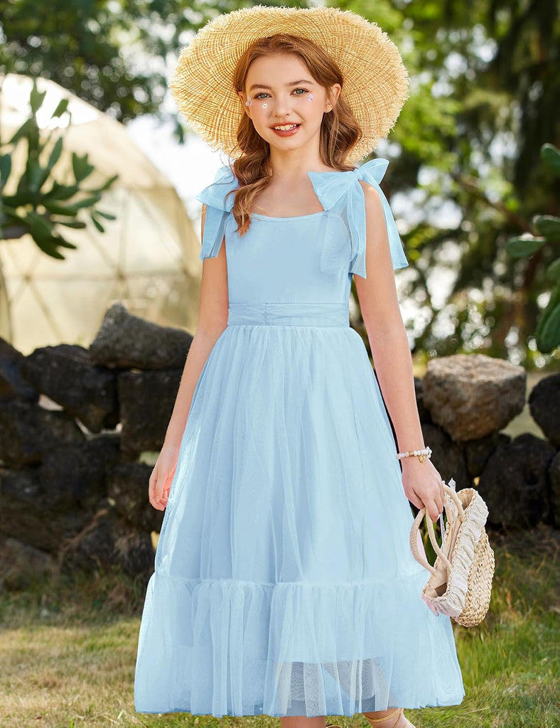 Girls Summer Sleeveless Bow-Tie Straps Party Long Tulle Dresses