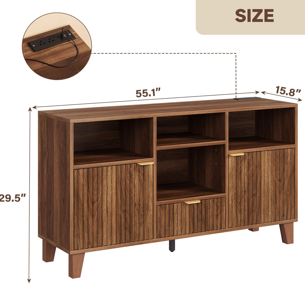 Large Record Player Stand with Vinyl Storage, Mid Century Modern Turntable Cabinet with Charging Station & Power