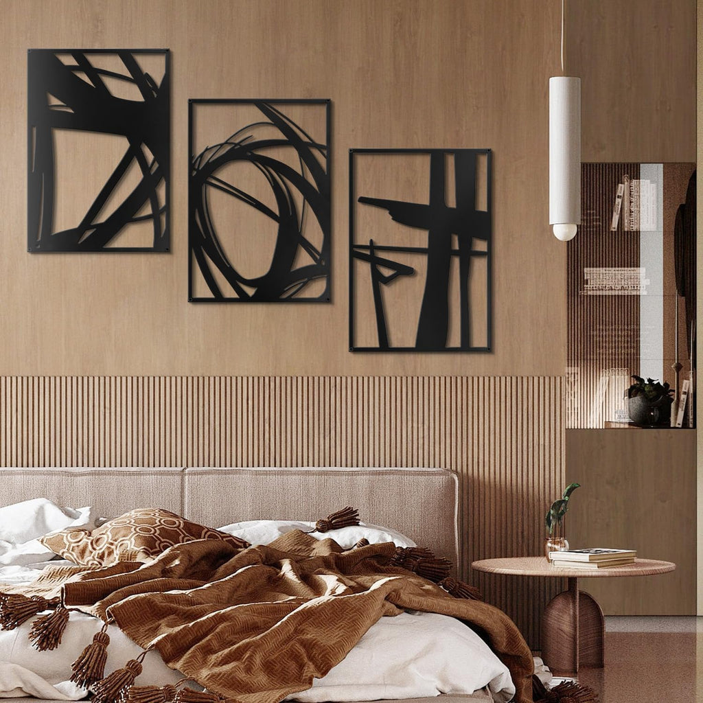Modern Abstract Metal Wall Art - Minimalist Geometric Line Design Black 3D Textured Wall Sculptures Bedroom Hallway - Set of 3